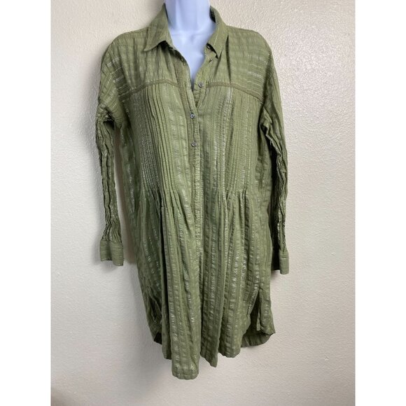 Anthropologie Green Pintuck Shirt Dress Button Up Long Sleeve Women size Small - Picture 2 of 16